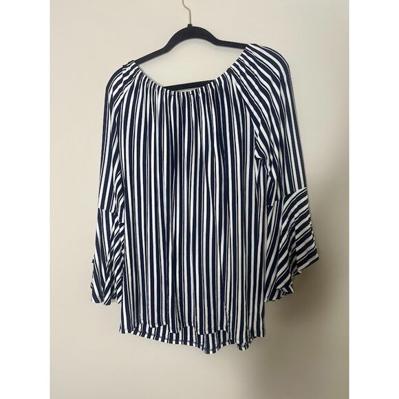 Cable & Gauge Striped Top Womens Medium Navy Blue White 3/4 Bell Sleeve Flowy - Picture 4 of 8